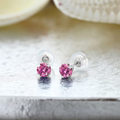 Gem Stone King 14K Gold Gemstone Birthstone Stud Earrings For Women Men | 4MM Round Cut | Solitaire Gold Studs with Secure Backs | Fine Jewelry for Her Him Mom Dad Wife - color: Pink Moissanite-April