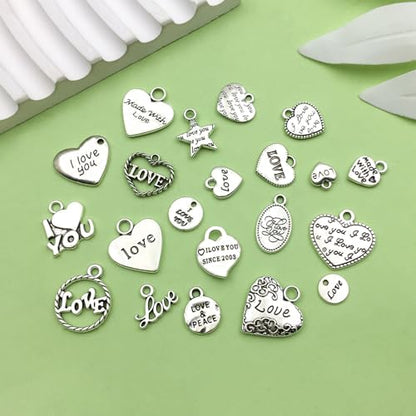 Sailanzi 100pcs Alloy Silver Love Series Pendant Jewelry Making DIY Keychain Earrings Pendant Various Design Charms for Jewelry Making Bracelets Necklace (SN299) - color: SN299