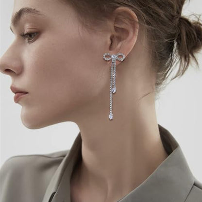 Luxval Rhinestone Earrings Dangling for Women Sparkly Silver Dangle Earrings Girls Long Chandelier Earrings Tassel Lightweight Ear Studs Cubic Zirconia Crystal Statement - color: Silver-CZ Bow