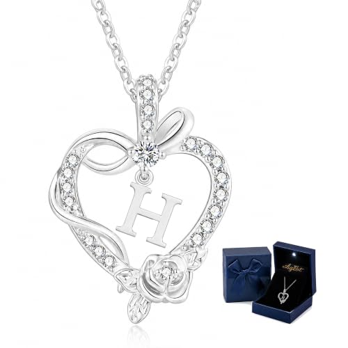Initial Heart Necklace Gift for Women – 14K Gold & White Gold Plated Rose Pendant, Personalized Letter Jewelry for Wife, Mom, Grandma, Sister – Birthday, Anniversary for Her - color: White Gold