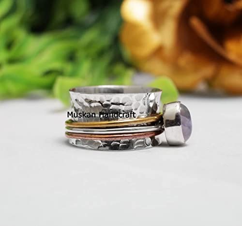925 Sterling Silver 3 Tone Hammered Spinner Band Ring, Meditation Ring, Yoga Ring, Spin Fidget Worry Ring, Boho Ring, Wedding Gifts Ring For Her