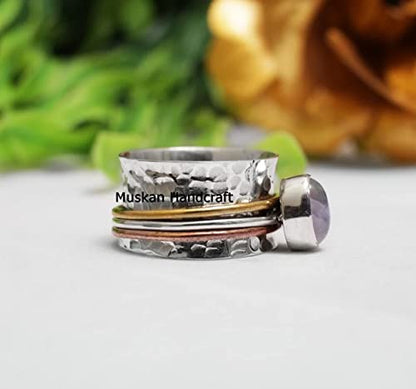 925 Sterling Silver 3 Tone Hammered Spinner Band Ring, Meditation Ring, Yoga Ring, Spin Fidget Worry Ring, Boho Ring, Wedding Gifts Ring For Her