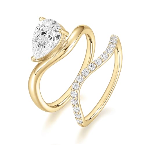 EAMTI 1.5CT Bridal Ring Sets Pear Cut CZ Promise Engagement Rings Curved Wedding Bands for Women Travel Ring Size 4-10 - color: Gold