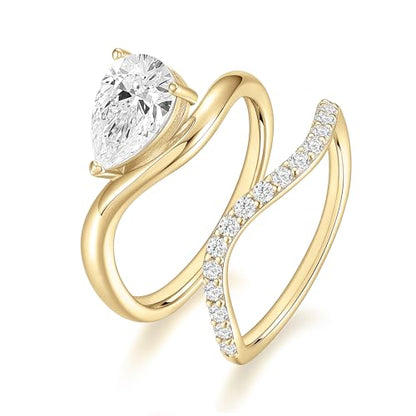 EAMTI 1.5CT Bridal Ring Sets Pear Cut CZ Promise Engagement Rings Curved Wedding Bands for Women Travel Ring Size 4-10 - color: Gold