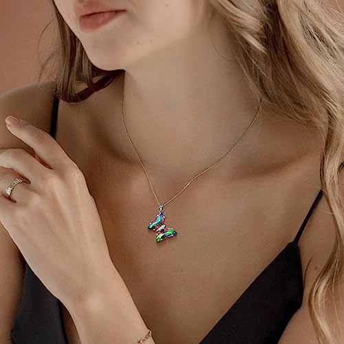 Aurora Tears Butterfly Necklace Earrings Ring Bracelet - Women 925 Sterling Silver Animal Butterflies Birthstone Pendant Crystal Wedding Birthday Jewelry - color: pendant-O.rainbow