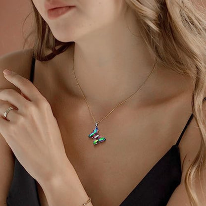 Aurora Tears Butterfly Necklace Earrings Ring Bracelet - Women 925 Sterling Silver Animal Butterflies Birthstone Pendant Crystal Wedding Birthday Jewelry - color: pendant-O.rainbow