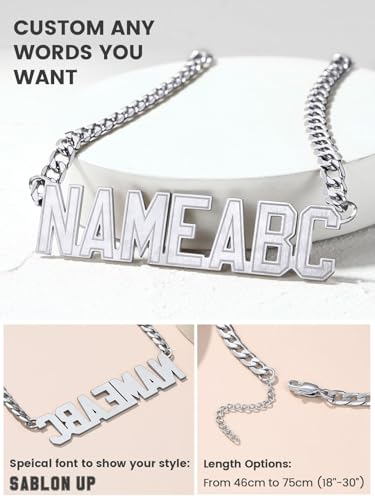 GoldChic JEWELRY Name Necklace Personalized for Men, Womens Custom Name Plate Chain, Stainless Steel Customized Old English Nameplate Choker with Curb Chains Custom, 16 inches to 30 inches - color: Cuban Chain 6 mm- Steel(Large Pendant)