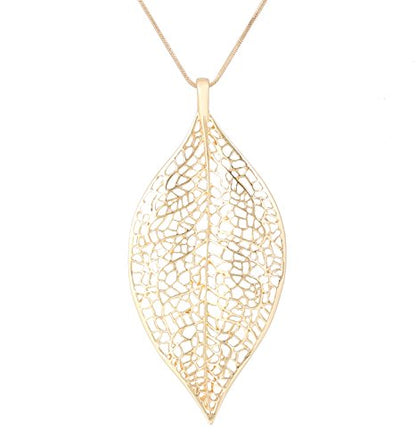 NLCAC Filigree Leaf Pedant Necklace Snake Chain Gorgeous Hollow Leaf Necklace for Women - color: Gold Tone