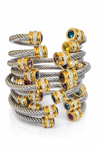 Birthstone Cable Cuff Bracelet for Women - Adjustable Open Cuff, Two-Tone Gold & Silver Twisted Bangle, Classic Stackable Jewelry Gift - color: Tourmaline