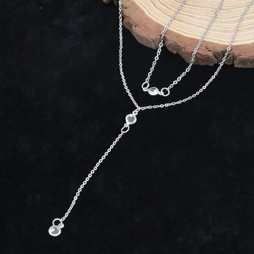 14K Gold Plated Y Necklace for Women – Dainty Lariat Long Pendant Chain, Layered Drop Necklace for V Neck Dress, Simple Sexy Cleavage Jewelry Gifts for Women - color: Silver - Double layered - Zircon