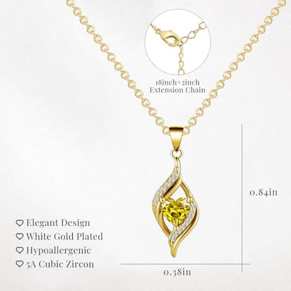 Birthstone Necklace for Women, 14K Gold Plated Heart Cubic Zirconia Pendant, Dainty Birthstone Jewelry Necklace Gifts for Birthday, Valentine’s Day Mother's Day - color: November-Citrine