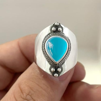 Natural Waterdrop Stone Wide Band Ring,Sterling Silver Genuine Teardrop Crystal Quartz Gemstone Statement Wide Chunky Full Finger Band Ring for Women - color: A02_Aquamarine
