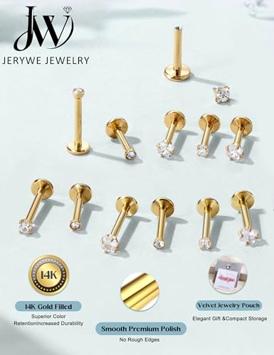 JeryWe 18G 16G Flat Back Earrings Studs for Women - Hypoallergenic Surgical Steel Internal Thread CZ Stud Earrings Stacks 14K Gold Plated Tragus Labret Helix Cartilage Conch Nose Stud Piercing Jewelry - color: 14K Gold Plated, size: 16G(1.2mm)