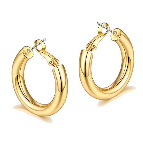 sovesi Chunky Hoop Earrings for Women, 14K Gold Plated Thick Hoops | 5mm Thick Hollow Tube Chunky Lightweight Hypoallergenic Hoop Earrings for Women - style: Gold 30MM