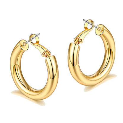 sovesi Chunky Hoop Earrings for Women, 14K Gold Plated Thick Hoops | 5mm Thick Hollow Tube Chunky Lightweight Hypoallergenic Hoop Earrings for Women - style: Gold 30MM