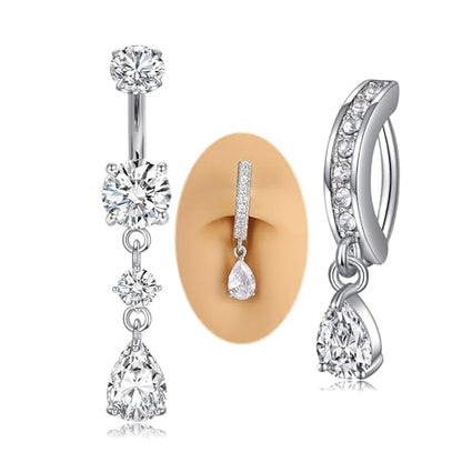 MODRSA Dangle Belly Button Ring Dangling Silver Gold Dangly Belly Piercing Jewelry Hypoallergenic Surgical Steel Butterfly Flower Navel Rings for Women Clicker Navel Piercings Pink - color: B1-Dangle Trendy 2pcs -silver