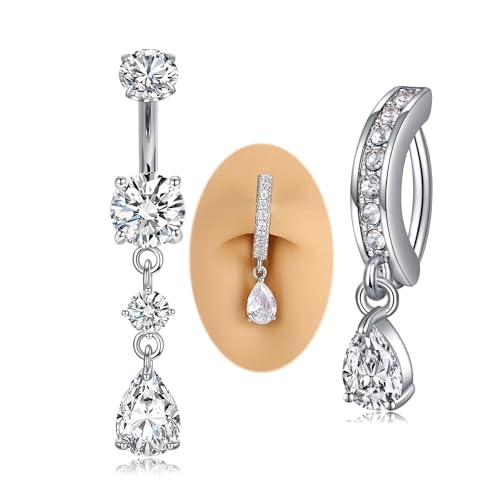 MODRSA Dangle Belly Button Ring Dangling Silver Gold Dangly Belly Piercing Jewelry Hypoallergenic Surgical Steel Butterfly Flower Navel Rings for Women Clicker Navel Piercings Pink - color: B1-Dangle Trendy 2pcs -silver