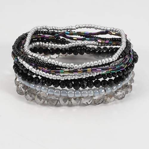 Bohemian Colorful Crystal Glass Beads Seed Beaded Bracelet Handmade Adjustable Stackable Elastic Strand Bangle for Women Summer Beach Hawaii Boho Wristbands Jewelry - color: black