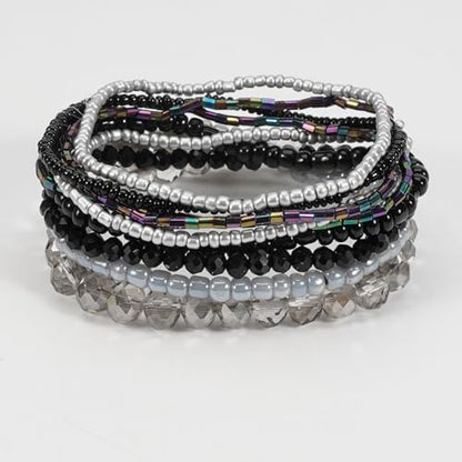 Bohemian Colorful Crystal Glass Beads Seed Beaded Bracelet Handmade Adjustable Stackable Elastic Strand Bangle for Women Summer Beach Hawaii Boho Wristbands Jewelry - color: black