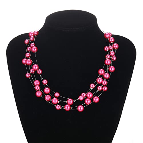 FULU AUTUMN Layered Pearl Necklace Multi-strand Pearl Choker Necklaces for Women Beaded jewelry for Wedding Parties - color: Hot pink