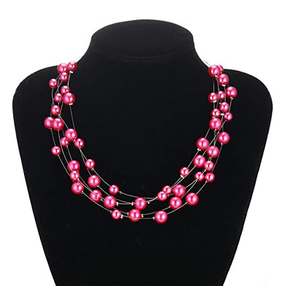 FULU AUTUMN Layered Pearl Necklace Multi-strand Pearl Choker Necklaces for Women Beaded jewelry for Wedding Parties - color: Hot pink