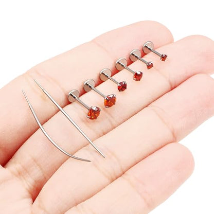 F136 Titanium 20/18/16G Earrings Nose Lip Rings Medusa Tragus Cartilage Helix Labret Flat Back Threadless Implant Grade Stud Piercing Jewelry for Women - color: Red CZ, size: 20g*6/7/8mm*2/3/4mm