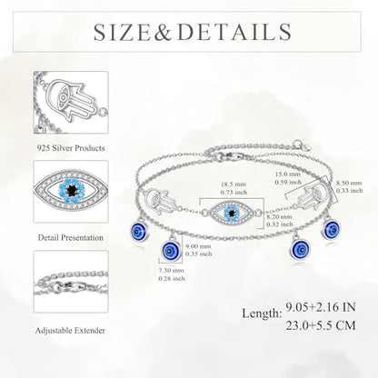925 Sterling Silver Cat Butterfly Anklets Double Layered Chain for Birthday Women Ankle Bracelet Summer Beach Dainty Jewelry - style: Evil Eye