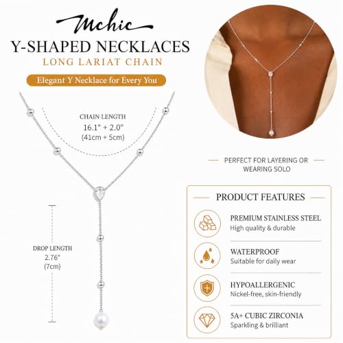 Mchic Gold Necklace for Women Dainty Long Lariat Necklace 18K Gold/Silver Plated Y-Shaped Pendant Necklaces Minimalist Layered Drop Necklaces Trendy Jewelry Gift - color: Silver4