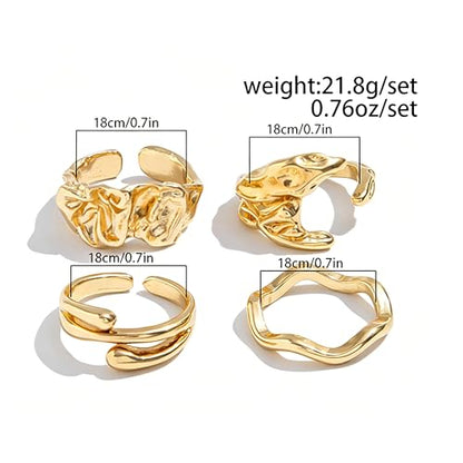 4Pcs Irregular Wavy Open Rings Minimalist Gold Silver Tone Jewelry for Men - color: A Gold