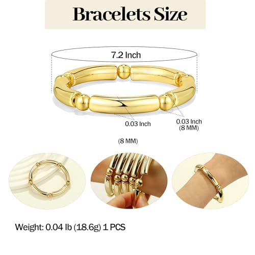 Gold Chunky Bangles Bracelets For Women 14k Gold Plated Stack Layered Curved Bamboo Tube Stretch Bracelets Gift Jewelry - color: 1pcs Gold-8mm