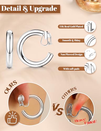 BESTEEL 3Pairs Clip on Earrings for Women Trendy Chunky Hoops Fake Earrings | Hypoallergenic 14K Gold Plated Lightweight Tube Croissant Waterdrop Clip-on Earrings Set Non Pierced Earrings Jewelry Gift - color: Silver-Trendy