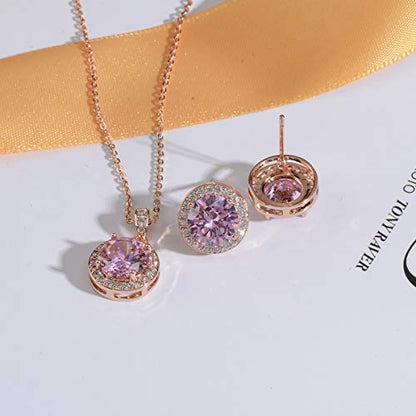 Bridal Crystal Jewelry Set - Sterling Silver Round Cubic Zirconia CZ Rhinestone Halo Birthstone Pendant Necklace Stud Earrings Set for Wedding Bride Bridesmaids Birthday Gift - color: Pink