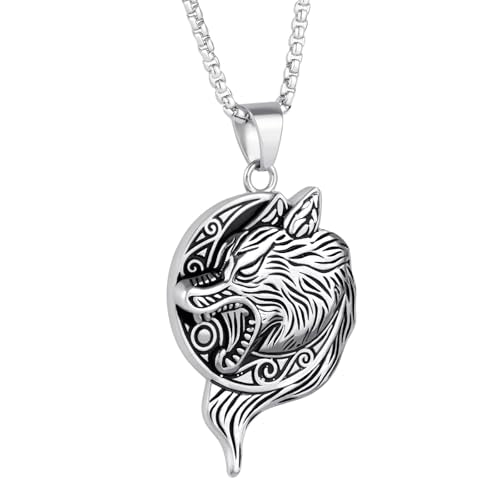 Stainless Steel Gothic Y2K Punk Rock Emo Biker Pendant Necklace | Cosplay Vintage Viking Alt Edgy Fashion Charm Necklace Jewelry for Men Women Active Daily Wear - style: Wolf Head Moon Medallion Silver