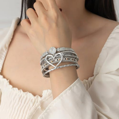 Rantanto Leather Wrap Bracelets For Women Gold Twist Lock Buckle Wrist Cuff | PU leather,Skin-friendly,Boho Stackable Wristband,Fashion Daily Jewelry,Trend Casual Party Bangle,Fit For Birthday, Holiday - color: Heart Silver