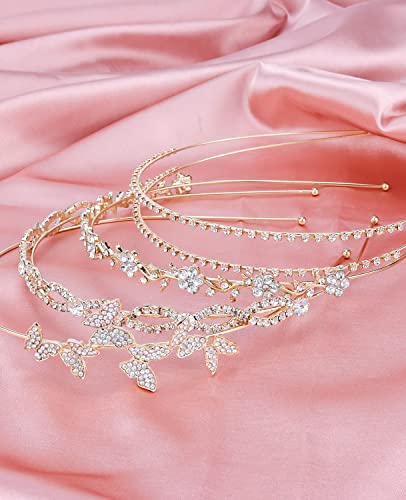 Wecoe 4 Pack Rhinestone Headbands Women Gold Metal Headbands Flower Girl Bridal Wedding Crystal Headpieces Flower Leaf Butterfly Headband Tiara Formal Hair Accessories For Women Girls Halloween Gifts - color: Gold band & silver rhinestones