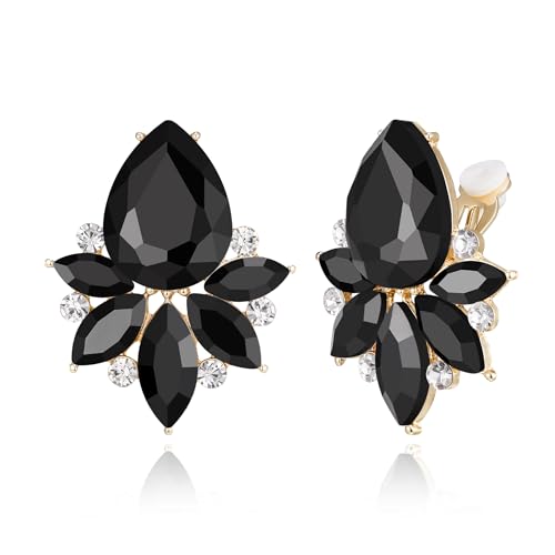 Flyonce Vintage Rhinestone Clip On Stud Earrings, Non-Piercing | Fancy Crystal Cluster, Teardrop Art Deco, Non Pierced, For Wedding Bridal Brides, Formal, Hypoallergenic - color: Black Gold-Tone