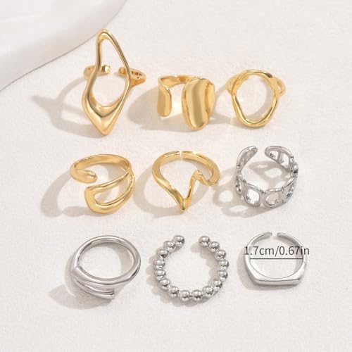 9Pcs Dainty Chunky Gold Knuckle Rings Set Stackable for Women, Statement Thick Hollow Oval Huggie Wavy Mixed Metal Joint Midi Finger Open Ring Pack Jewelry