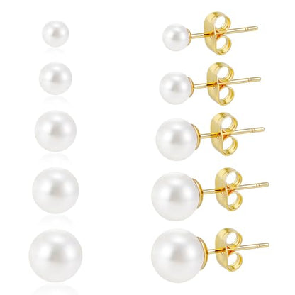 5 Pairs Pearl Earrings Set Gold Filled Polished Pearl Stud Earrings for Women 4mm,5mm,6mm,7mm,8mm 5 Sizes Jewelry for Wedding Birthday Party Prom