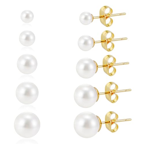 5 Pairs Pearl Earrings Set Gold Filled Polished Pearl Stud Earrings for Women 4mm,5mm,6mm,7mm,8mm 5 Sizes Jewelry for Wedding Birthday Party Prom