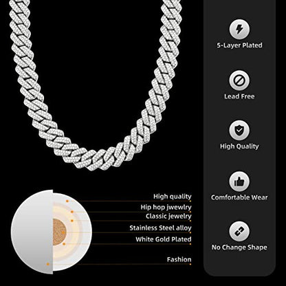 Mens Cuban Link Chain Miami Cuban Necklace 18K Gold Silver Chain For Men Women 14mm Iced Out Hip Hop Jewelry - color: 14K White Gold, size: 22 inches