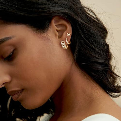 Dremmy Studios Dainty CZ Huggie Hoop Earrings 14K Gold Plated Chunky Simple Cute Thick Round Frill Bead Ball Starburst Cuff Earrings Cubic Zirconia Hoop Earrings Minimalist Personalized Gift for Her - color: Chain E