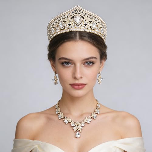 Princess Tiara Crown and Jewelry Sets for Women Wedding Rhinestone Crystal Tiaras and Crowns with Necklace Earrings Party Birthday Accessories - color: Gold White