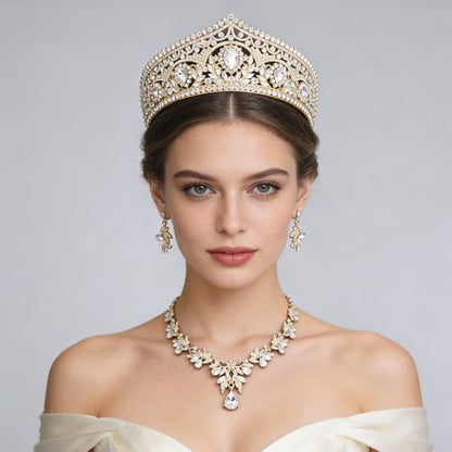 Princess Tiara Crown and Jewelry Sets for Women Wedding Rhinestone Crystal Tiaras and Crowns with Necklace Earrings Party Birthday Accessories - color: Gold White