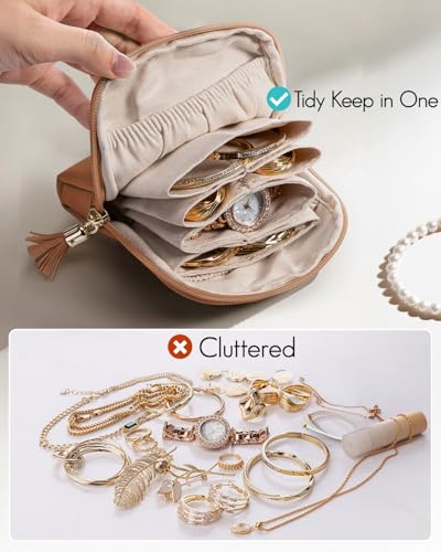 VLANDO Small Travel Jewelry Case,Velvet Pouch Bags with Zipper,Brown | Travel Essentials,PU Leather Organizer with 5 Divided Sections,Carry-On Totes,Gift for Birthday,Bride,Bridesmaid,Women,Girls - color: A.Brown