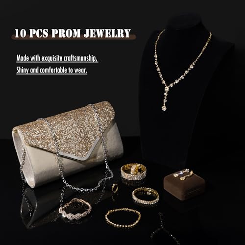 MEDOJO 10Pcs Silvery Rhinestone Jewelry Set for Women Bride Wedding Prom Jewelry Evening Rhinestone Sparkly Clutch Purse Bag Necklace Tennise Layered Bracelets CZ Ring Crystal Drop Earring Set Silvery Shiny Costume Kit - color: Golden