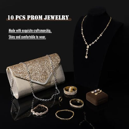 MEDOJO 10Pcs Silvery Rhinestone Jewelry Set for Women Bride Wedding Prom Jewelry Evening Rhinestone Sparkly Clutch Purse Bag Necklace Tennise Layered Bracelets CZ Ring Crystal Drop Earring Set Silvery Shiny Costume Kit - color: Golden