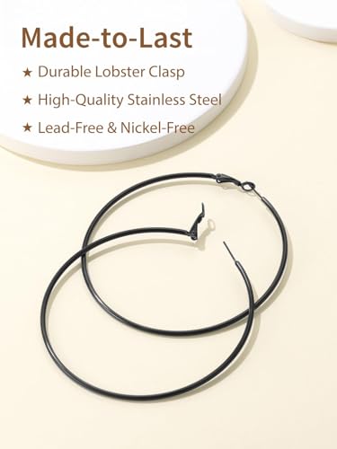 FindChic Thin Hoop Earrings for Women,Silver/Black/Gold Plated 20-100mm - color: Black, size: 80mm
