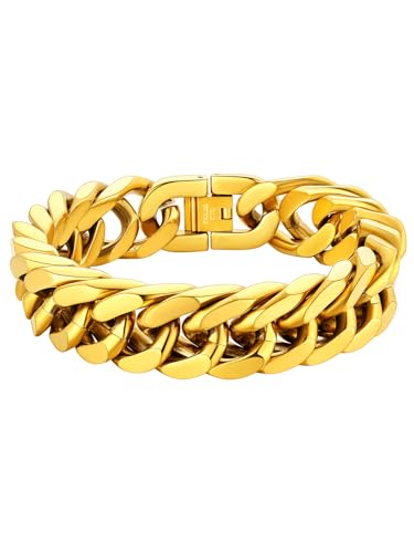 ChainsHouse Stainless Steel Cuban Link Bracelet, 6mm/8mm/12mm/17mm Width, 7.5"/8.3"/9", Black/ 18K Gold Plated Chain Wrist Bracelets for Men Women, Send Gift Box - color: O: Gold-17mm width