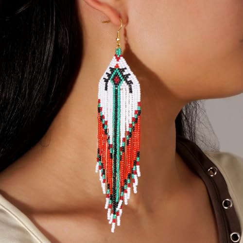 Bohemian Tassel Colorful Beaded Earrings For Women Trendy, Long Fringe Feather Drop Jewelry Handmade Gifts. - color: color4