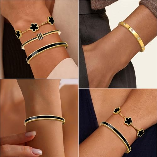 MOINSPIRE Gold Bracelets for Women, 18K Gold Plated Tennis Nail Clover love Bangle Bracelets Set Non Tarnish, Stainless Steel Trendy Stackable Bracelet Fashion Jewelry Accessories Gifts for Christmas - color: C1-Black